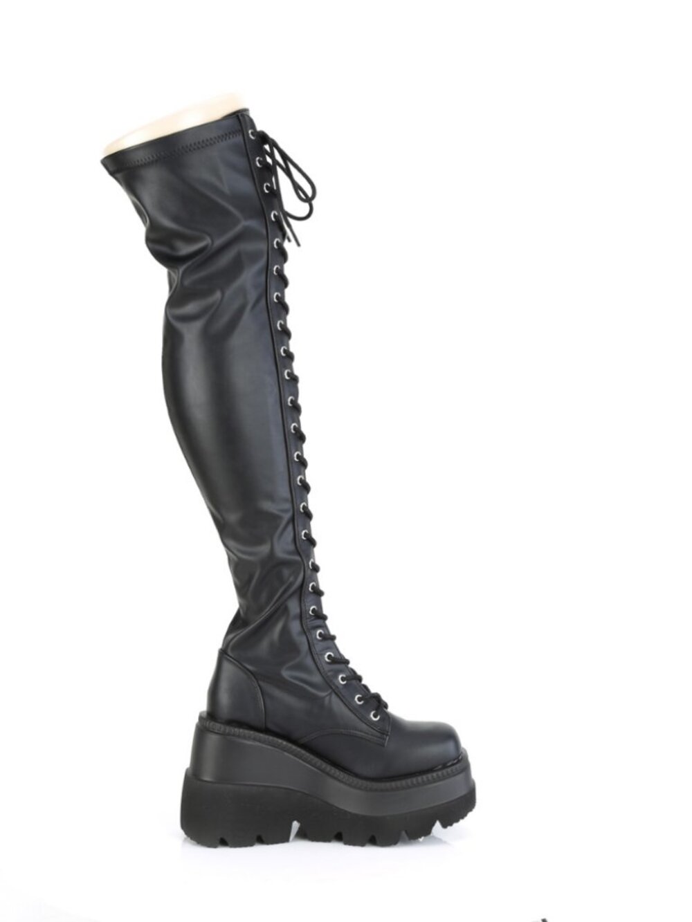 Black Stretch Vegan Leather Thigh-High Boots with Full-Length Outer Metal Zip